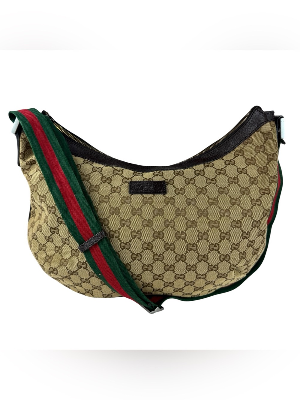 Gucci Beige GG Canvas Crescent Bag with Green-Red Web Strap